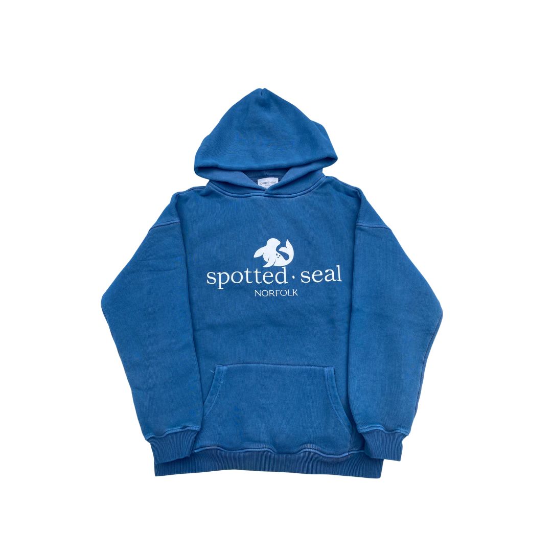 Royal blue front of unisex classic spotted-seal hoodie made in UK