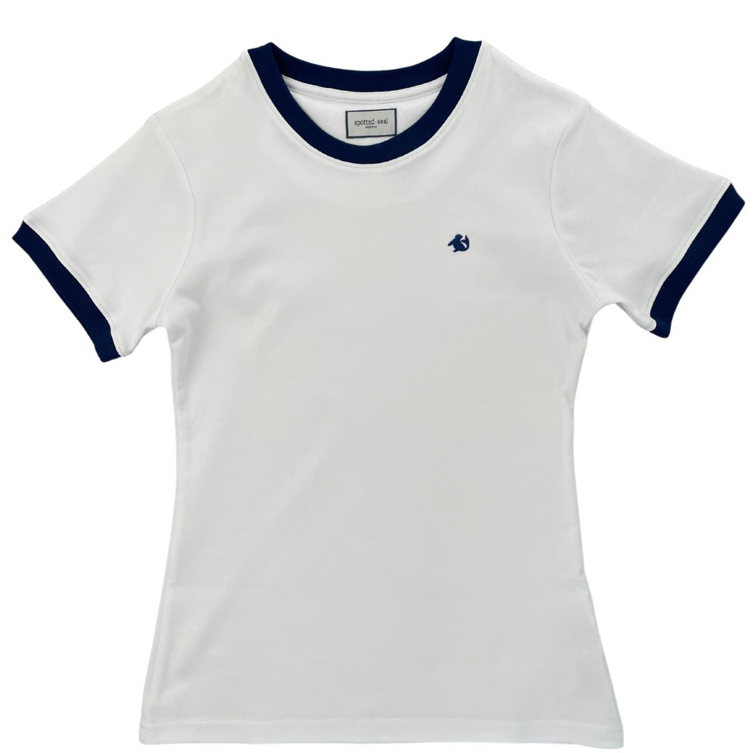 image of white 100% organic cotton retro-ribbed t-shirt with navy ribbing and spotted-seal embroidered logo