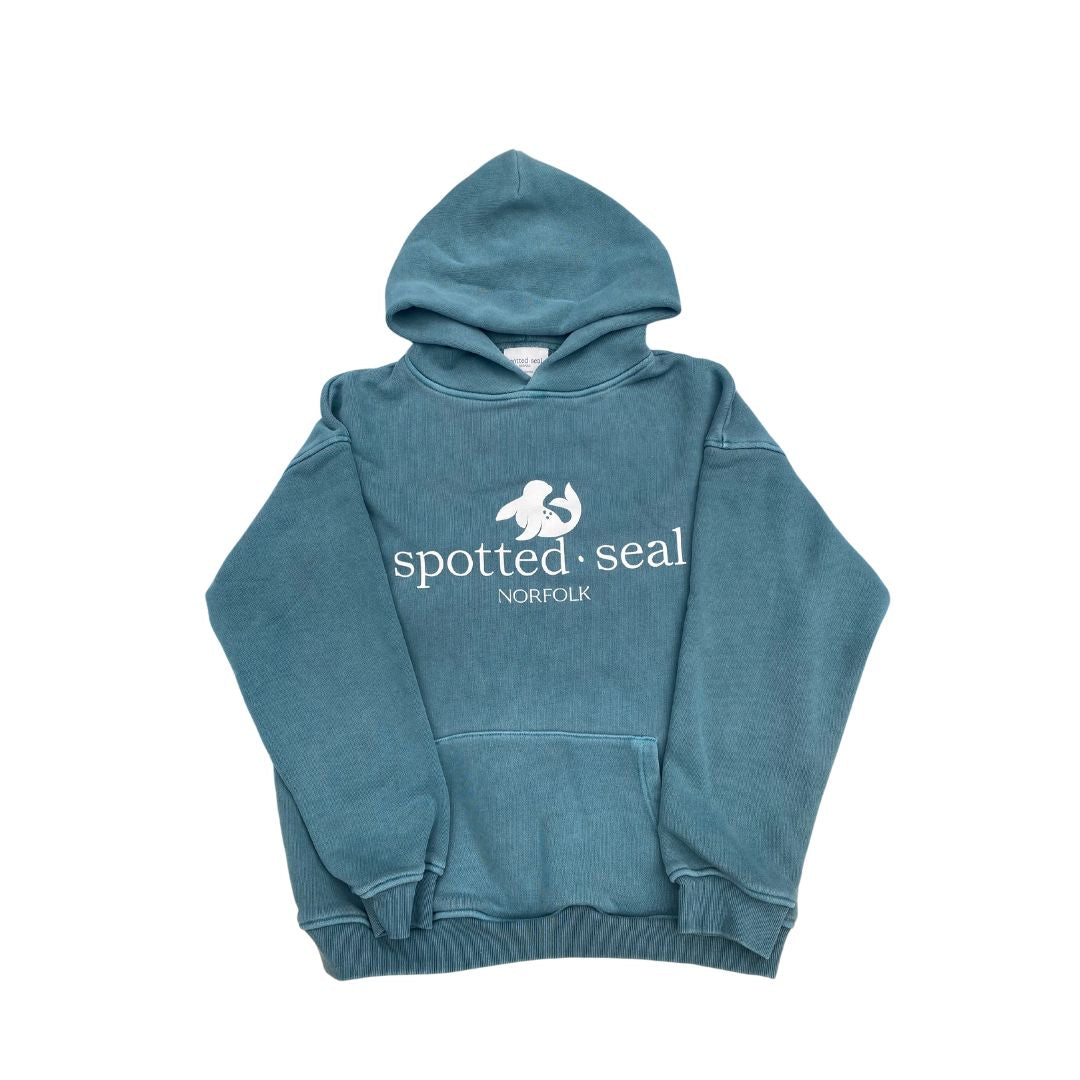 product shot front of unisex classic spotted-seal hoodie in teal made in UK