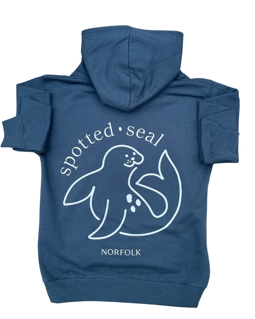 product shot children's spotted-seal hood in RAF blue