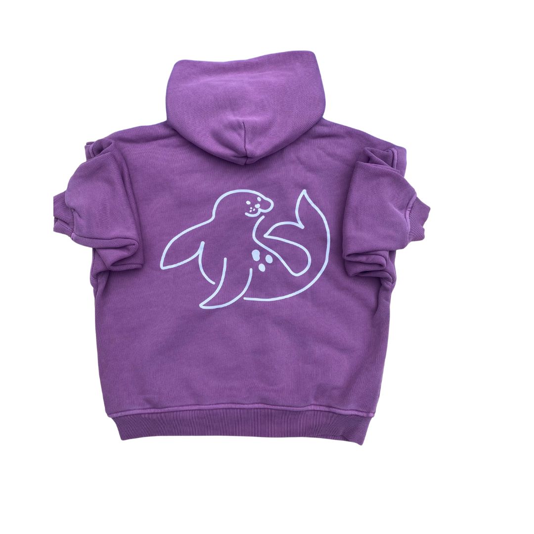 product shot women's slouch hoodie in raspberry with printed spotted-seal on back