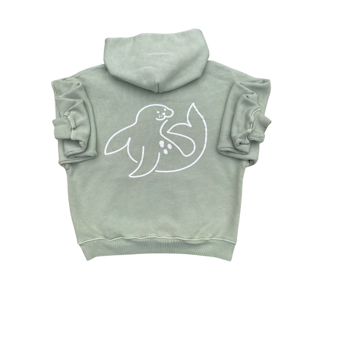 product shot women's slouch hoodie in sea foam green spotted-seal on back