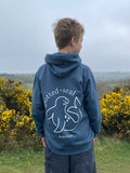 boy wearing children's spotted-seal hoodie in RAF Blue BACK