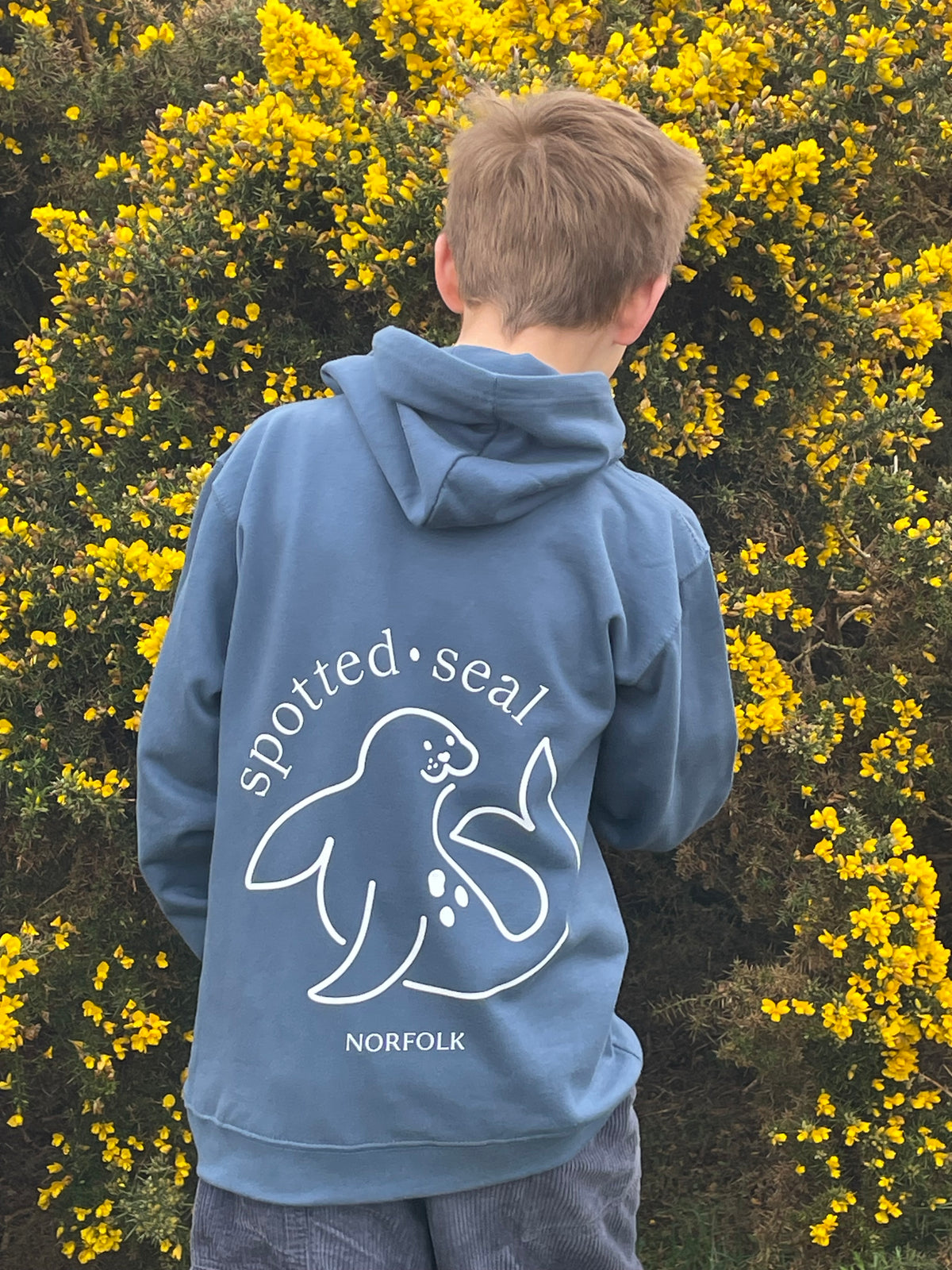 young boy model wearing children's spotted-seal hoodie in RAF blue