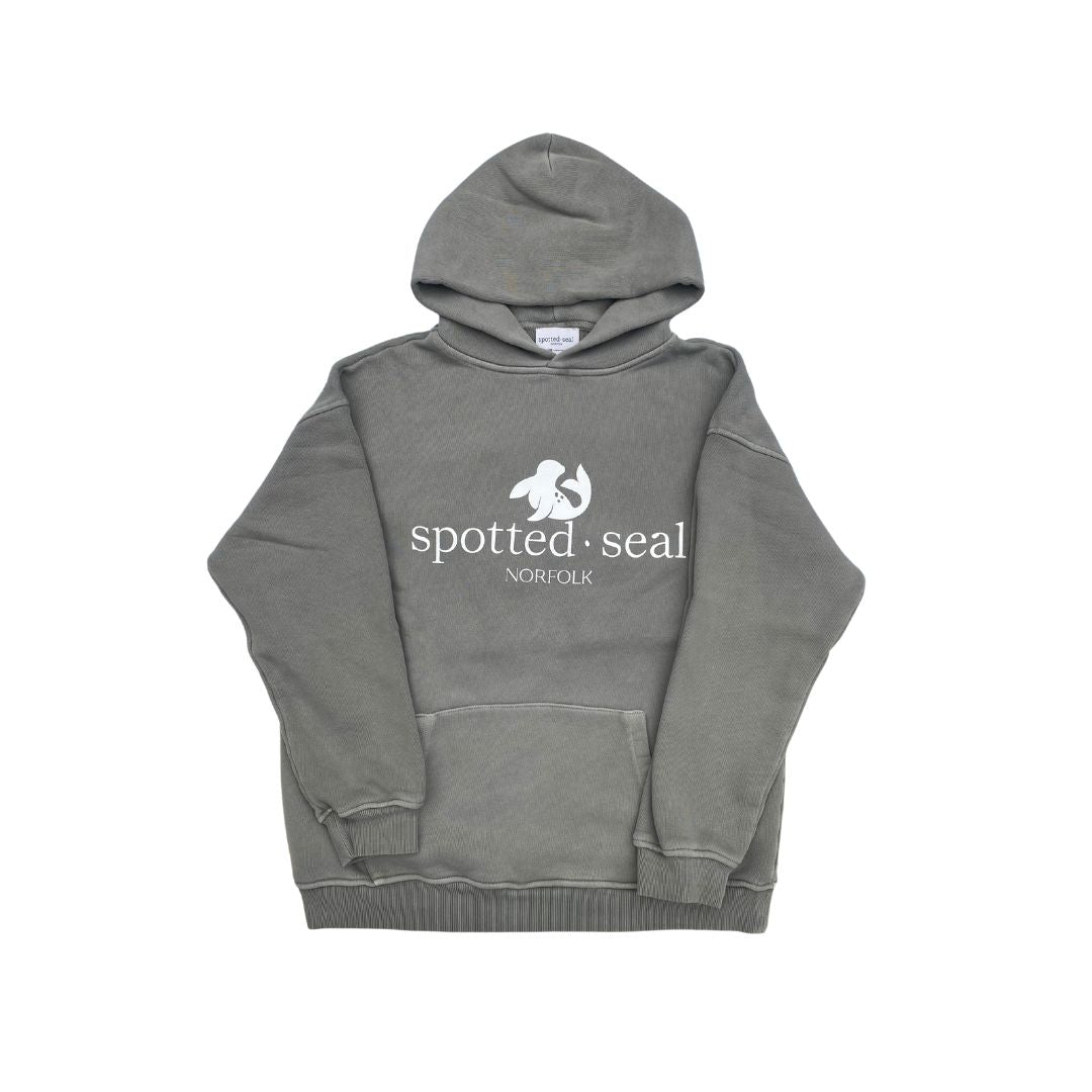 Morston mist grey front of classic spotted-seal hoodie made in UK