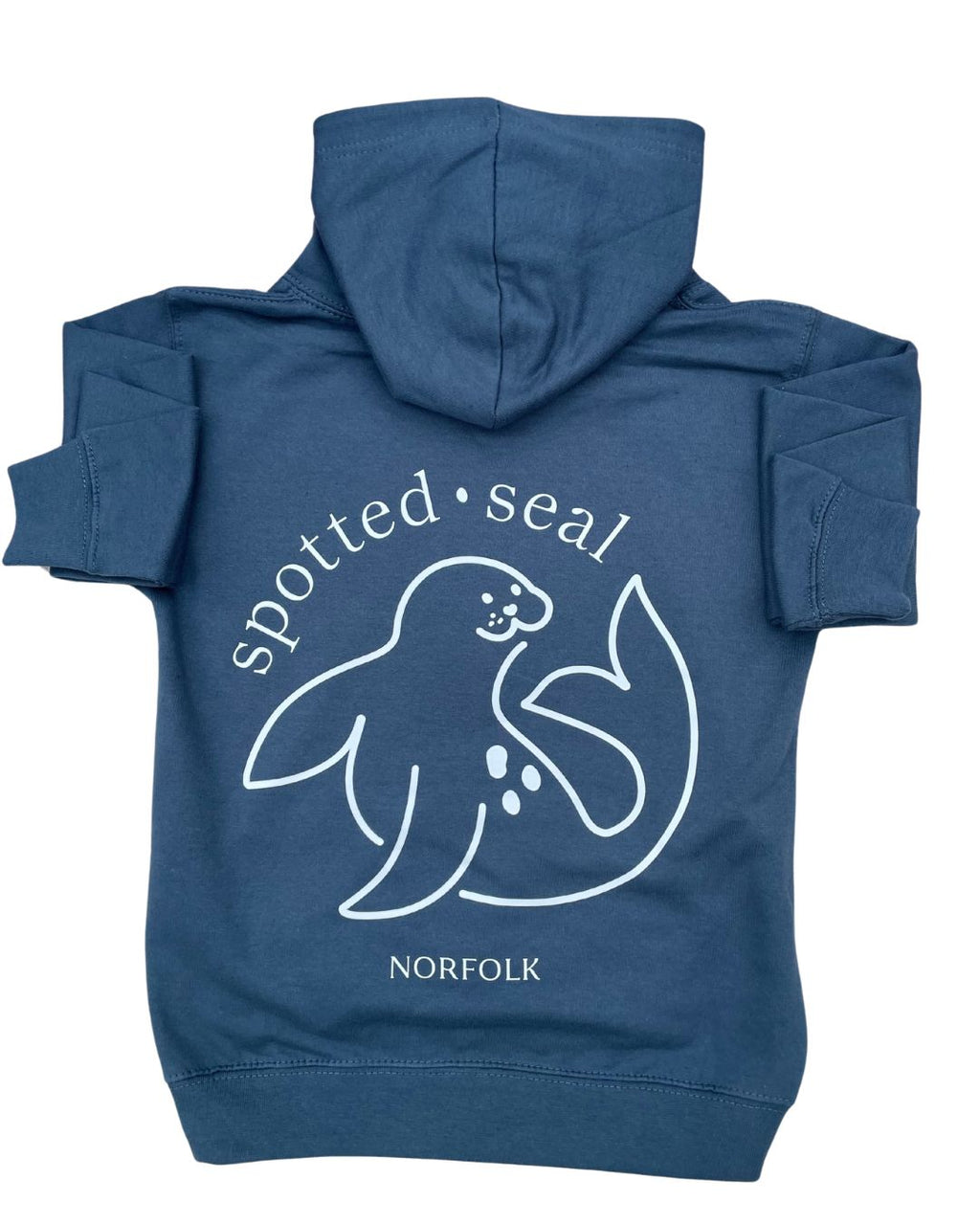 product shot children's spotted-seal hood in RAF blue